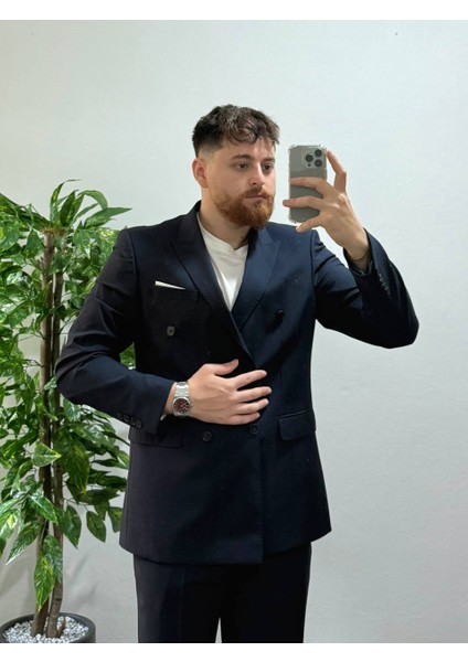 Erkek Lacivert Kruvaze Takım Elbise Modern Slim Fit Şık Damatlık Özel Gün Klasik Takım
