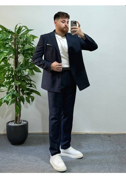 Erkek Lacivert Kruvaze Takım Elbise Modern Slim Fit Şık Damatlık Özel Gün Klasik Takım