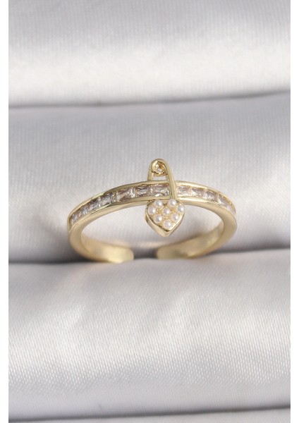 Bfs Pirinç Gold Renk Zirkon Taşlı Inci Detay Kilit Kalp Figür Ayarlanabilir Yüzük