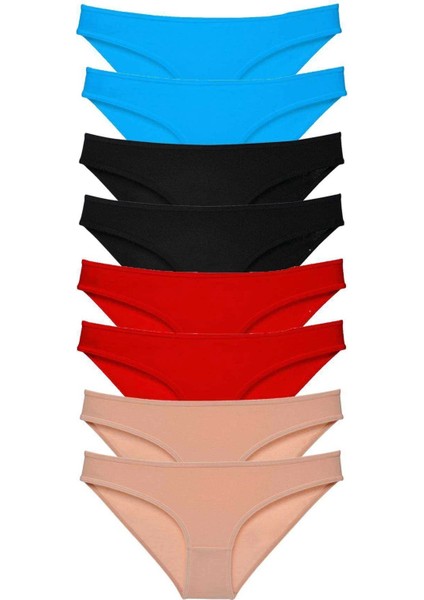 8 Adet Süper Eko Set Likralı Kadın Slip Külot Siyah Kırmızı Ten Mavi