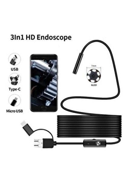 Endescope Yılan Kamera 3 In 1 USB , Micro USB ,type-C Uyumlu 5m (Sert Kablo)