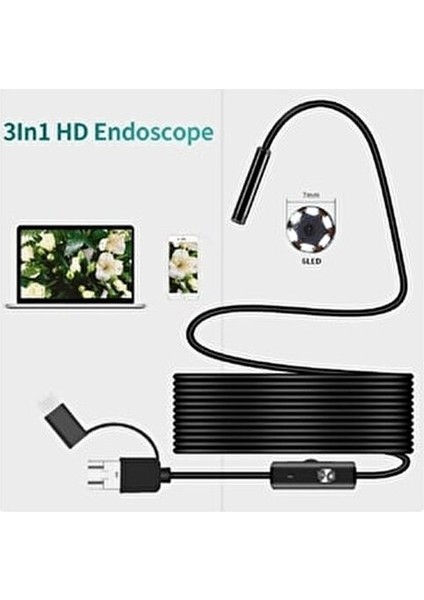 Endescope Yılan Kamera 3 In 1 USB , Micro USB ,type-C Uyumlu 5m (Sert Kablo)