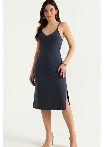 Askılı Gri Modal Kumaş Kadın Elbise