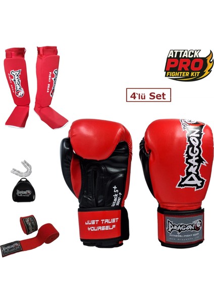 Dragon Attack 5 Plus Profesyonel Boks Eldiveni 4'lü Set Boks Eldiveni Kaval Koruyucu Bandaj Dişlik