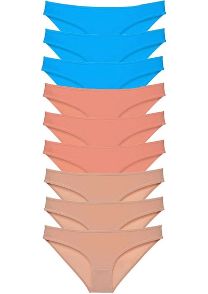 9 Adet Süper Eko Set Likralı Kadın Slip Külot Pudra Ten Mavi