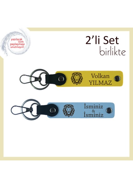 Aslan Figürlü Erkek Tarzına Hitap Eden Hediyelik, Kalıcı Isim Yazılabilir Anahtarlık, Sarı-Gök Mavi