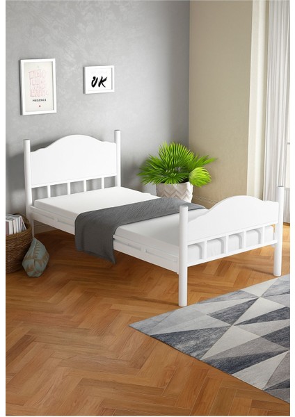 Ejder Metal Tek Kişilik Ahşaplı Karyola Beyaz (Yataksız)