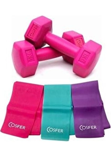 Dambıl 1 kg x 2 Fuşya Pilates Drenç Bandı 3 Lü
