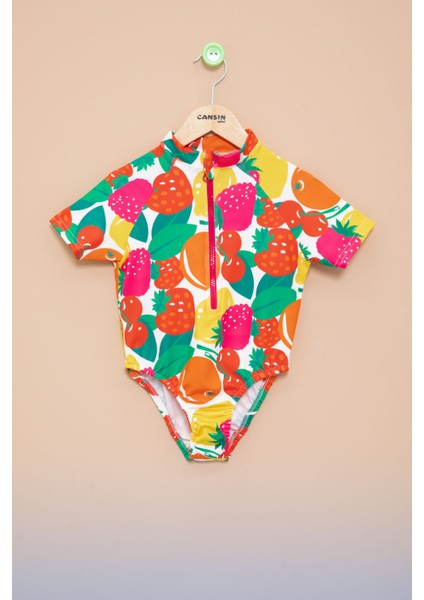 Pembe Meyve Desenli Fermuar Kapamalı Kısa Kol Kız Çocuk Mayo 21133