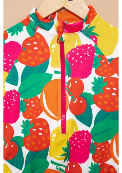 Pembe Meyve Desenli Fermuar Kapamalı Kısa Kol Kız Çocuk Mayo 21133 modelleri