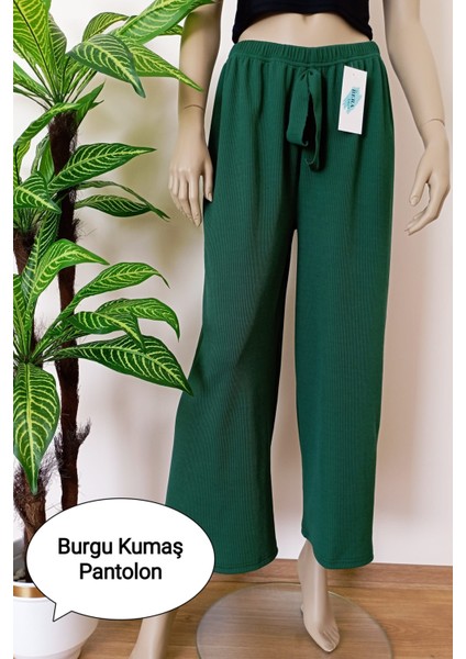 Kadın Yeşil Beli Lastikli Dökümlü Geniş Paça Burgu Kumaş Palazzo Pantolon