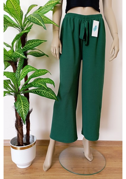 Kadın Yeşil Beli Lastikli Dökümlü Geniş Paça Burgu Kumaş Palazzo Pantolon modelleri