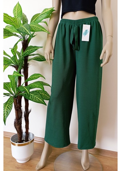 Kadın Yeşil Beli Lastikli Dökümlü Geniş Paça Burgu Kumaş Palazzo Pantolon fırsatları
