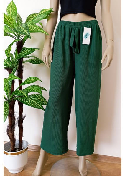 Kadın Yeşil Beli Lastikli Dökümlü Geniş Paça Burgu Kumaş Palazzo Pantolon indirimleri