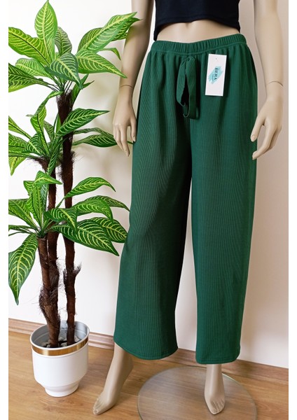 Kadın Yeşil Beli Lastikli Dökümlü Geniş Paça Burgu Kumaş Palazzo Pantolon