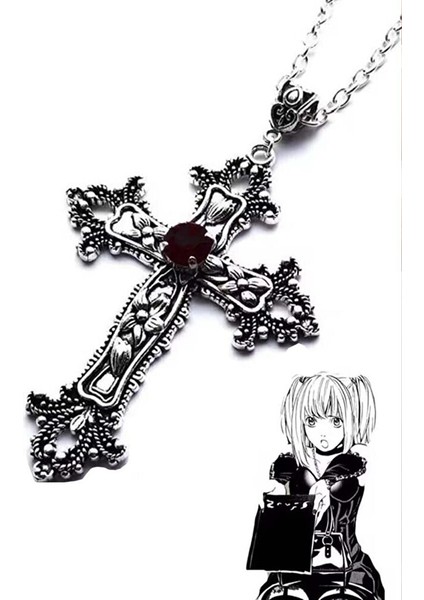 Silver Anime Misa Haç Siyah Taş Detaylı Kolye fiyatları