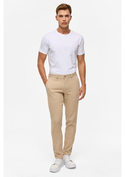 Bej Slim Armürlü Kanvas Pantolon