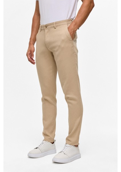 Bej Slim Armürlü Kanvas Pantolon modelleri