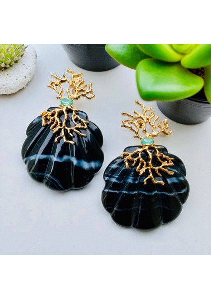 Altın Renk Yeşil Taşlı Tasarım Akrilik Istiridye Küpe