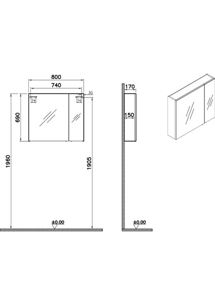 Mia 67705 Asimetrik Dolaplı Ayna, Parlak Antrasit, 80 cm
