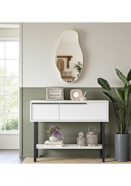 Antre Hol Salon Aynalı Dresuar Kapaklı Metal Ayaklı No1 Beyaz