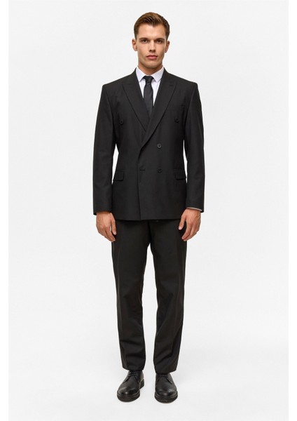 Siyah Regular Çizgili Kruvaze Yaka 6 Drop Takım Elbise