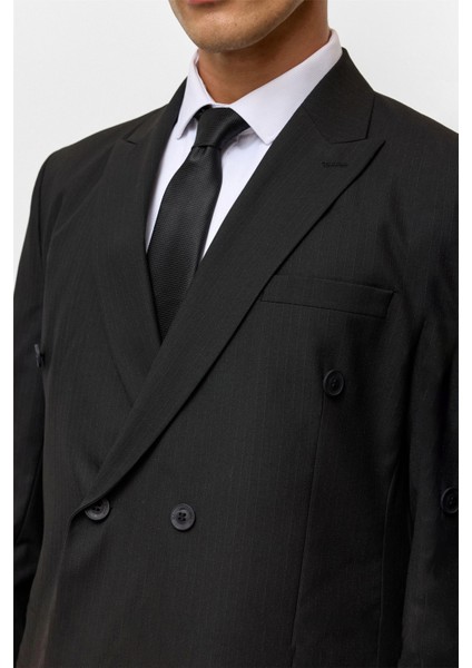 Siyah Regular Çizgili Kruvaze Yaka 6 Drop Takım Elbise modelleri