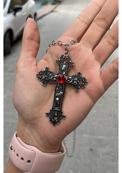 Silver Anime Misa Haç Kırmızı Taş Detaylı Kolye