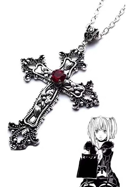 Silver Anime Misa Haç Kırmızı Taş Detaylı Kolye fiyatları