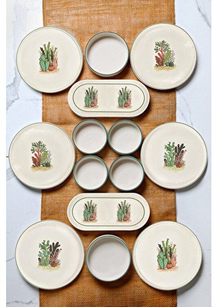 Kaktüs 14 Parça 6 Kişilik Stackable Kahvaltı Takımı - Kahvaltılık Sunum Seti Tabağı