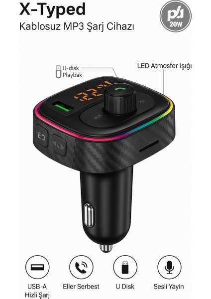 Kablosuz Mp3 Çalar ve Hızlı Şarj Özellikli Bluetooth Araç Kiti – X-Typed 20W