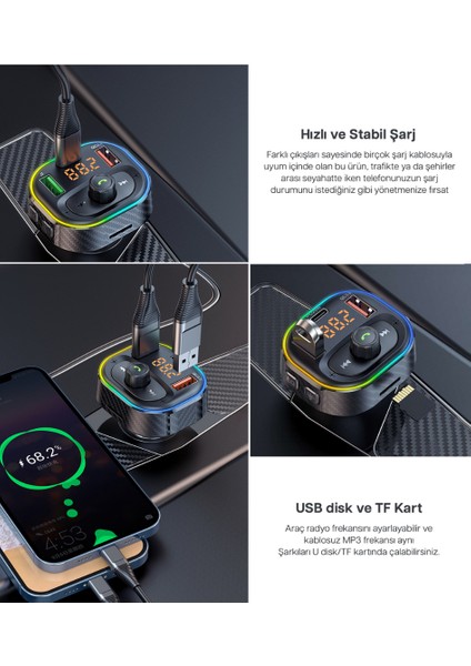 Kablosuz Mp3 Çalar ve Hızlı Şarj Özellikli Bluetooth Araç Kiti – X-Typed 20W