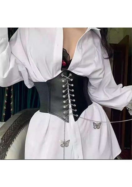 Kadın Kelebek Zincir Bağcıklı Kuş Gözlü Siyah Korse