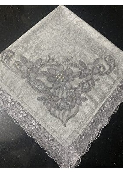 Gri Kadife Fransız Güpürlü Dantel Inci Işlemeli Lüks Çeyizlik Bohça