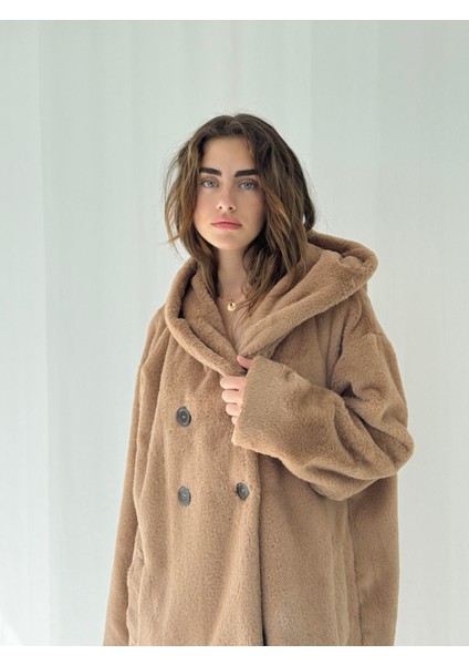 Urban Retro Kapüşonlu Oversize Ceket Kaban Kadın Camel