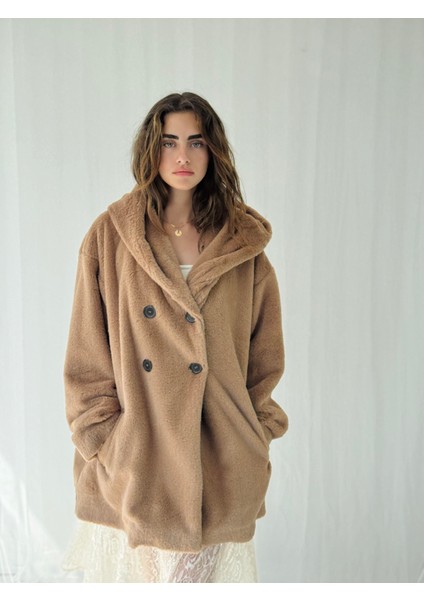 Urban Retro Kapüşonlu Oversize Ceket Kaban Kadın Camel modelleri