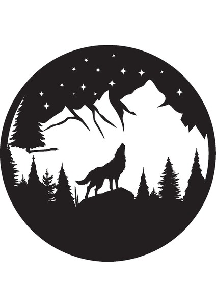 Gece Bozkurt ve Dağlar Duvar Dekor Sticker 40 x 40 cm