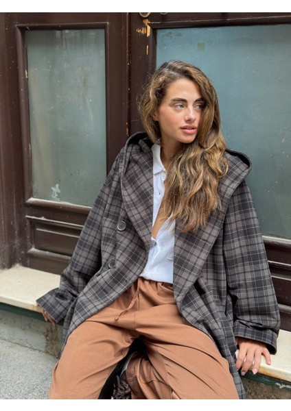 Urban Retro Kapüşonlu Oversize Ceket Kaban Kadın Füme