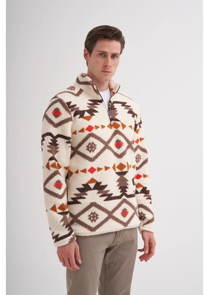 Vintage Desenli Kürk Dokulu Dik Yaka Regular Fit SWEATSHIRT-52440