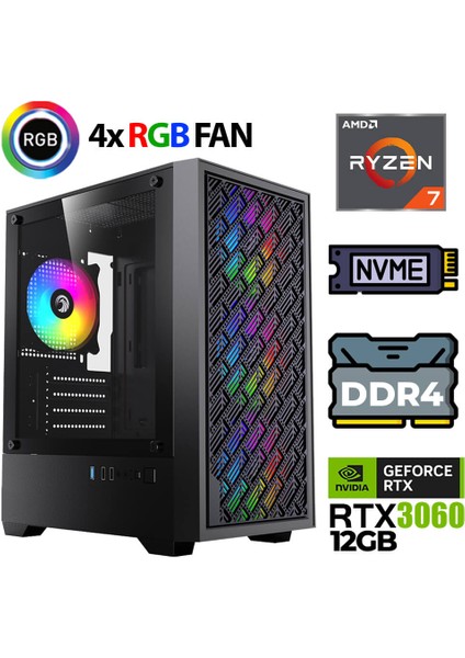 KX450 Ryzen 7 5700X 32GB Ram 1tb M.2 Nvme SSD 12GB RTX3060 Masaüstü Oyuncu Bilgisayarı