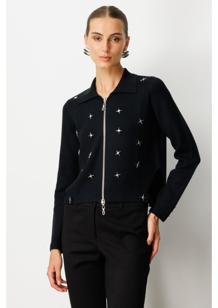 Zımbalı Fermuarlı Triko Hırka Siyah 65905