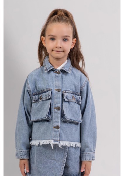 Uçları Püsküllü Kız Kot Ceket - Mavi