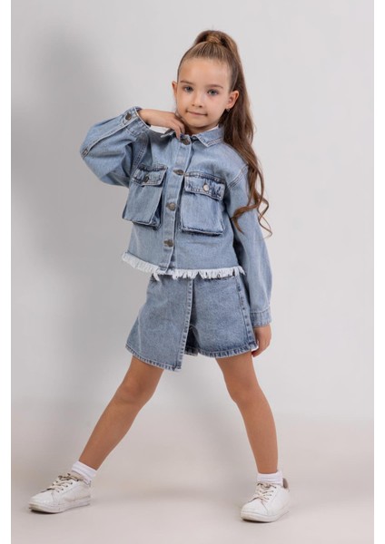 Uçları Püsküllü Kız Kot Ceket - Mavi modelleri