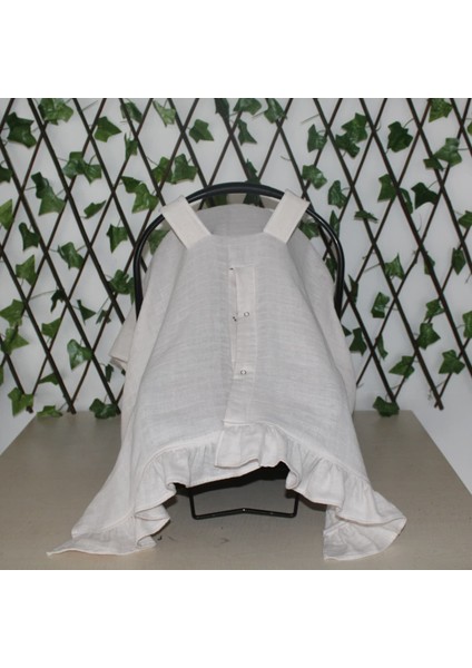 %100 Pamuk Müslin Kumaş Puset Örtüsü Çıt Çıt ve Fırfır Desenli Krem Rengi Puset Örtüsü