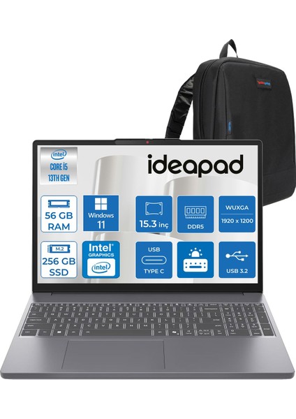 Ideapad Slim 3 15IRH10 Intel Core I5 13420H 56GB 256GB SSD Windows 11 Home 15.3" Wuxga (1920X1200) IPS 300NITS Taşınabilir Bilgisayar IP83K100Q0TRH13 + Zetta Çanta