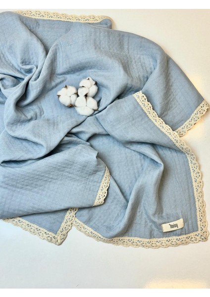 Mavi 4 Katlı %100 Pamuk Dantelli Müslin Battaniye & Müslin Örtü 100X100CM
