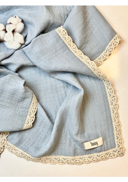 Mavi 4 Katlı %100 Pamuk Dantelli Müslin Battaniye & Müslin Örtü 100X100CM fiyatları