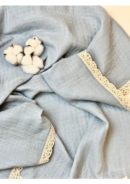 Mavi 4 Katlı %100 Pamuk Dantelli Müslin Battaniye & Müslin Örtü 100X100CM modelleri