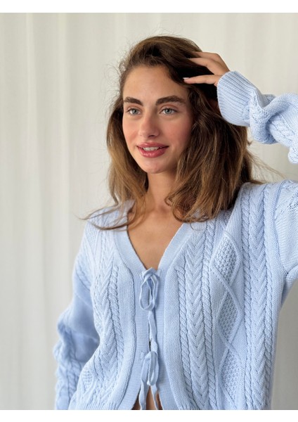 Önden Bağlamalı Hırka Kadın Mavi