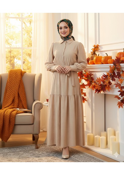 Kadın Gömlek Yaka Kuşak Detaylı Çok Şık Elbise